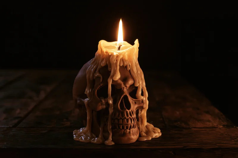 Burning candle atop ceramic skull sculpture on wooden table