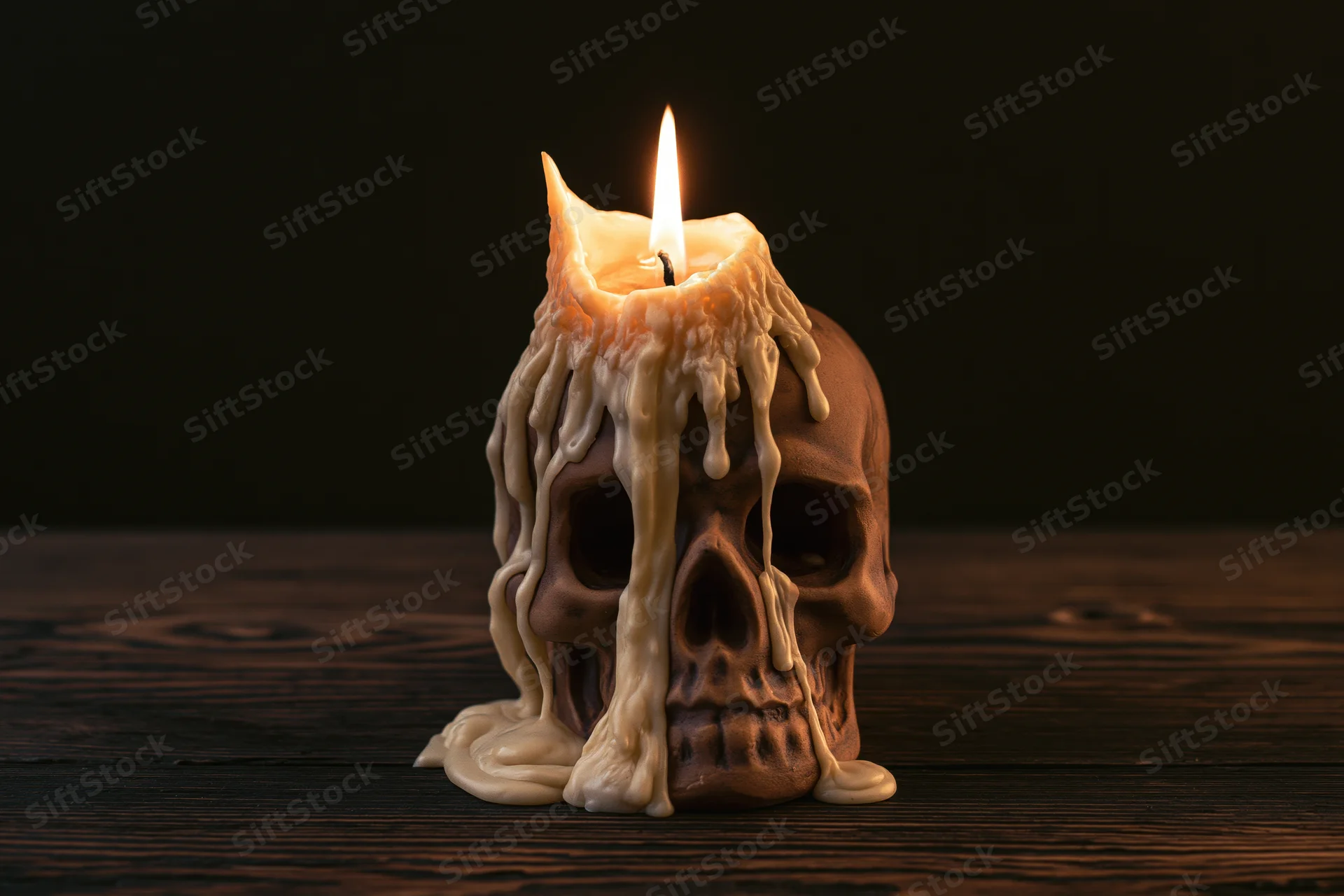 Burning candle with melted wax dripping over ceramic skull on dark wooden table