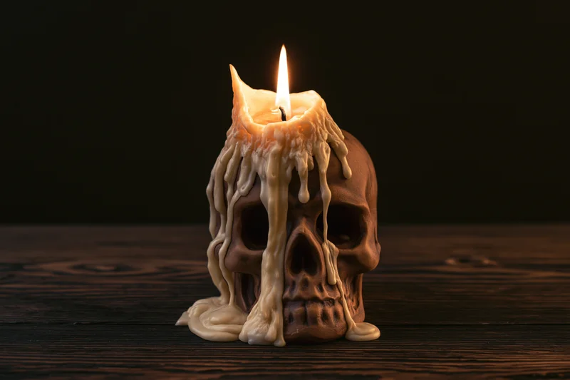 Burning candle with melted wax dripping over ceramic skull on dark wooden table