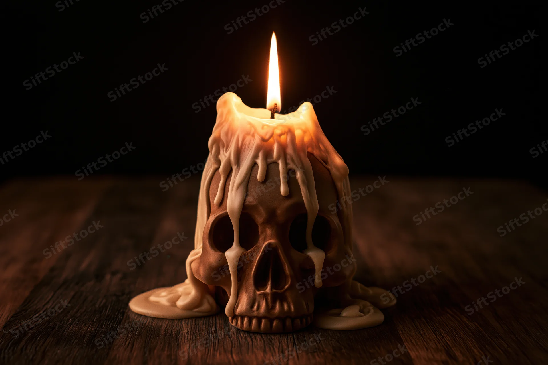 Burning candle atop ceramic skull with melted wax on wooden table