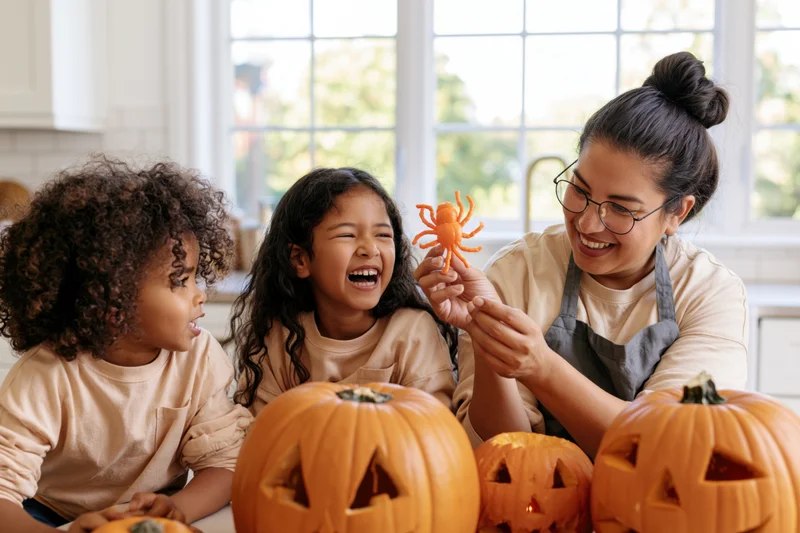 Mother holding plastic spider toward laughing daughters at kitchen table with carved pumpkins