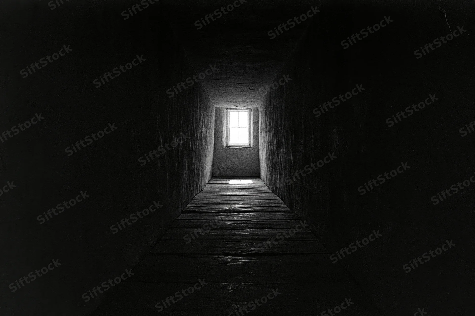 Narrow dark corridor with rough plastered walls converging toward a window at the end