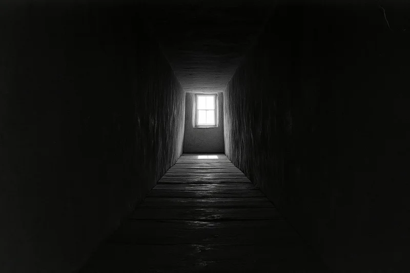 Narrow dark corridor with rough plastered walls converging toward a window at the end