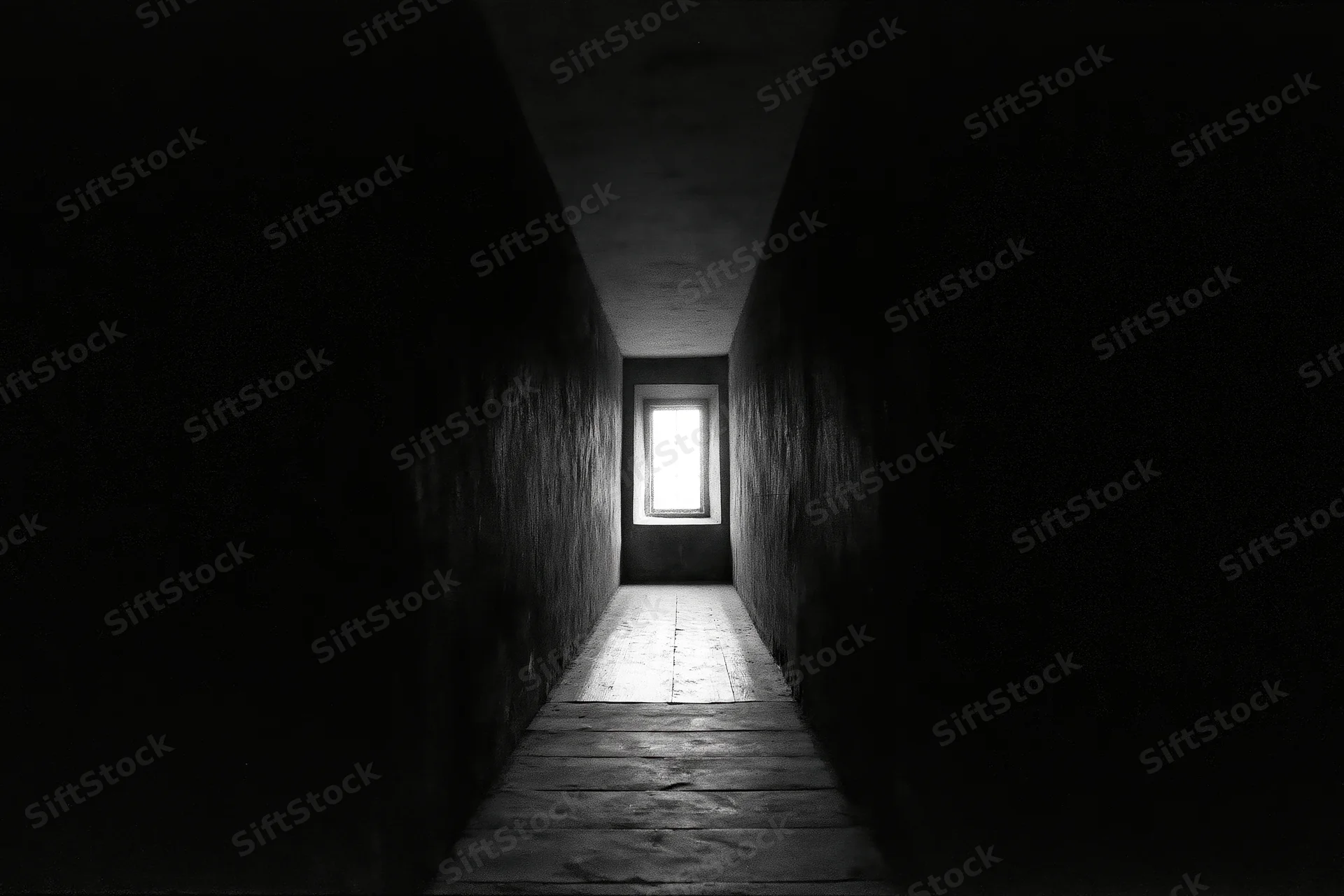 Narrow dark corridor with light at end converging toward window