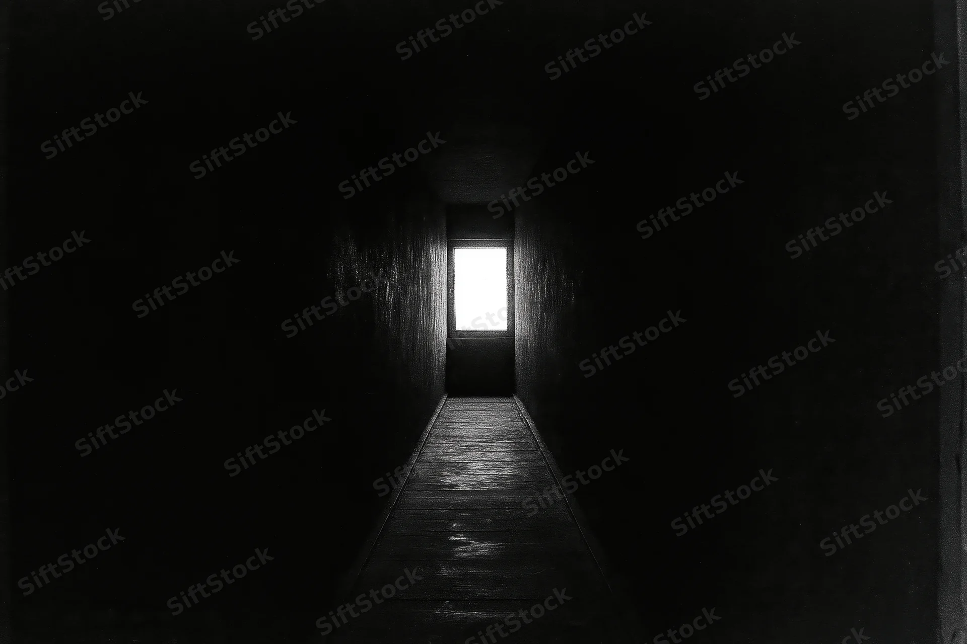 Narrow dark corridor with rough plastered walls converging toward a bright window at the end
