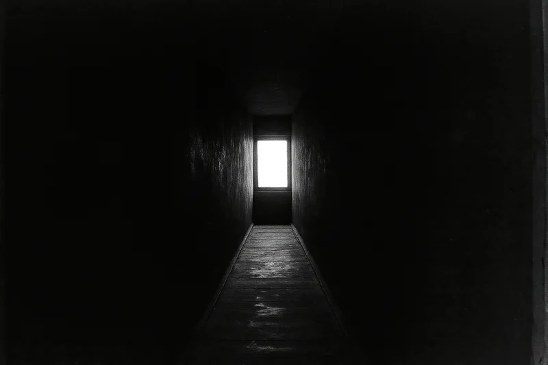 Narrow dark corridor with rough plastered walls converging toward a bright window at the end
