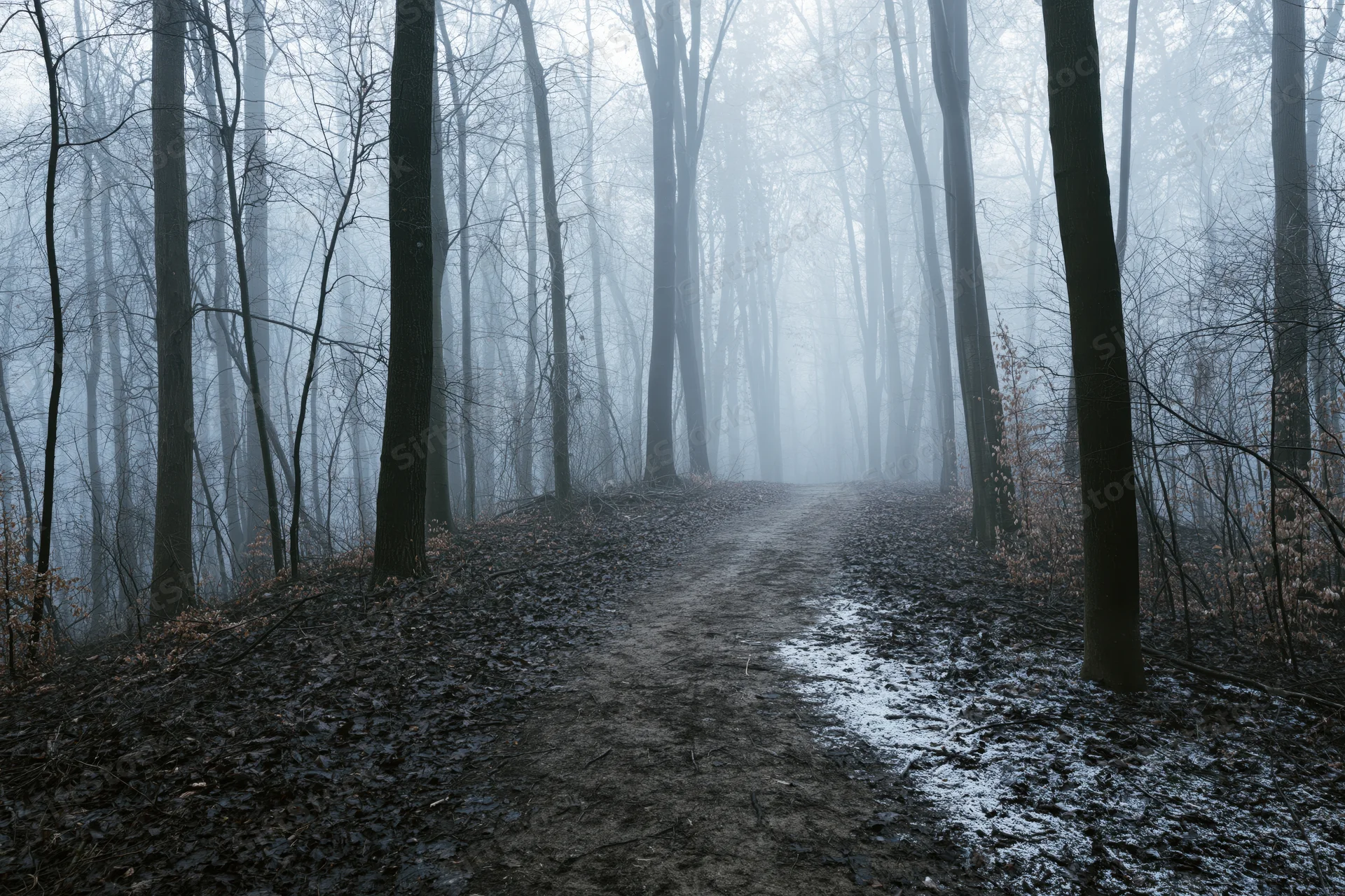 Narrow dirt path winding through dense foggy deciduous forest in winter