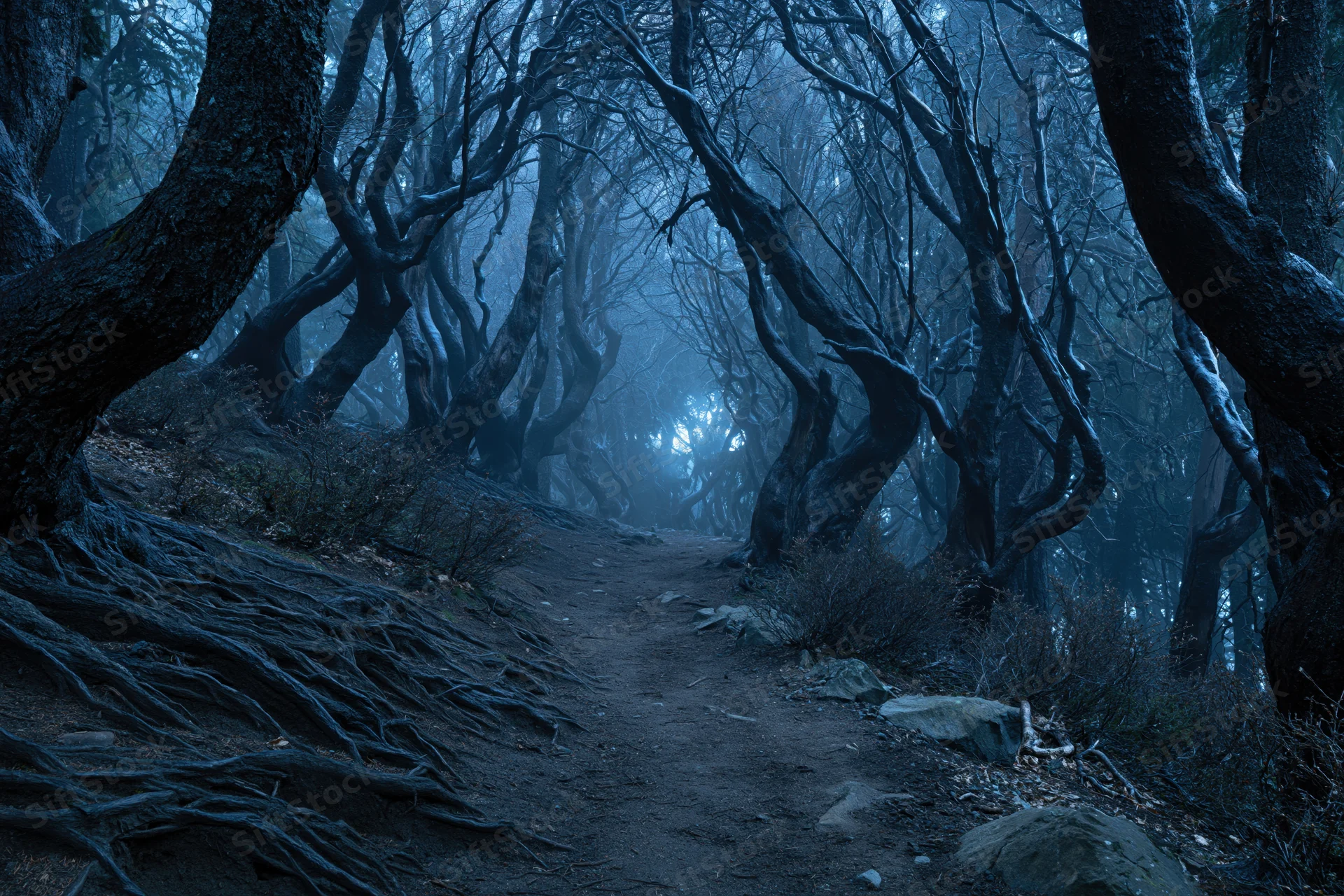 Narrow dirt path winding through dense fog-filled forest with twisted bare trees and exposed roots