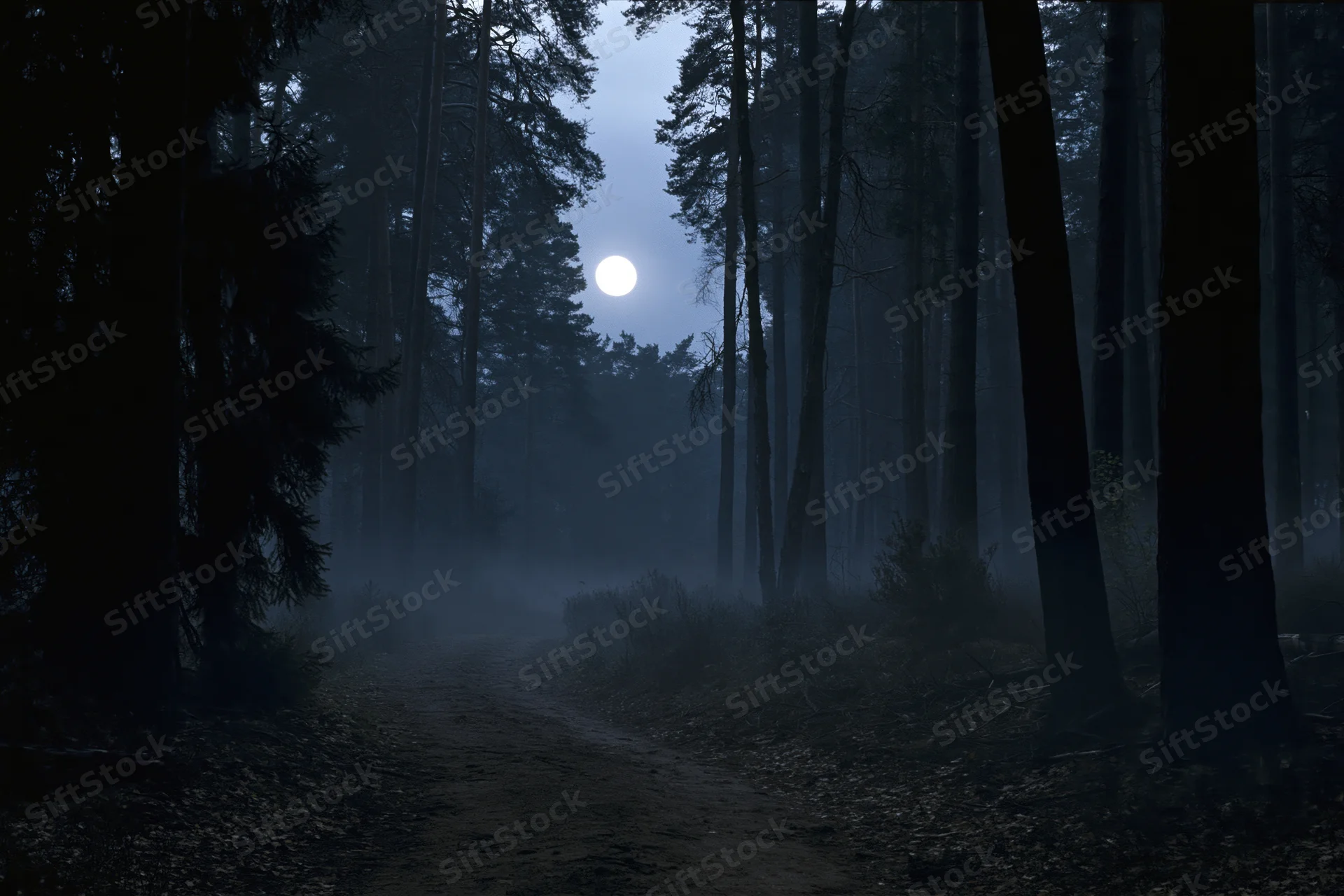 Narrow dirt path winding through dense forest at night under full moon with mist