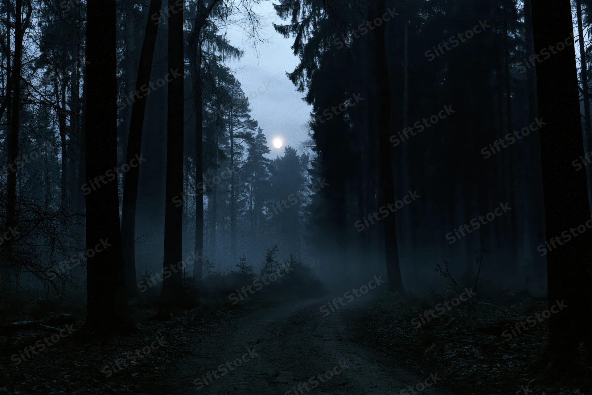 Narrow dirt path winding through dense forest at night under moonlight with fog
