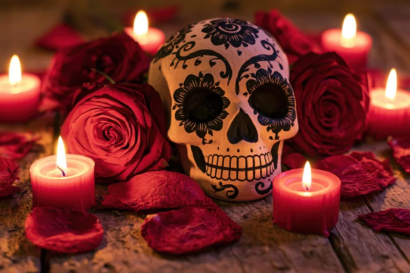 Painted ceramic sugar skull with black floral design surrounded by red roses and lit candles on wooden surface