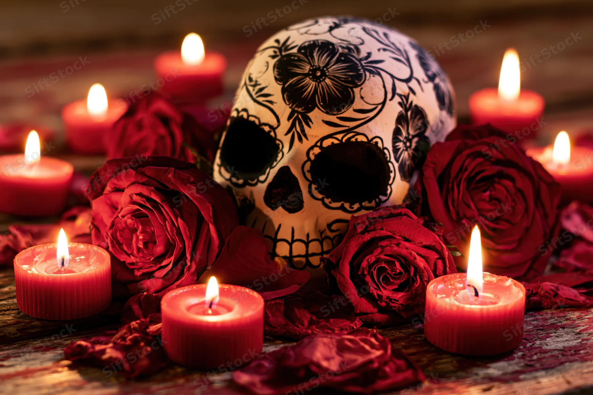 Painted ceramic skull decorated with black floral patterns surrounded by red roses and lit candles on a wooden surface
