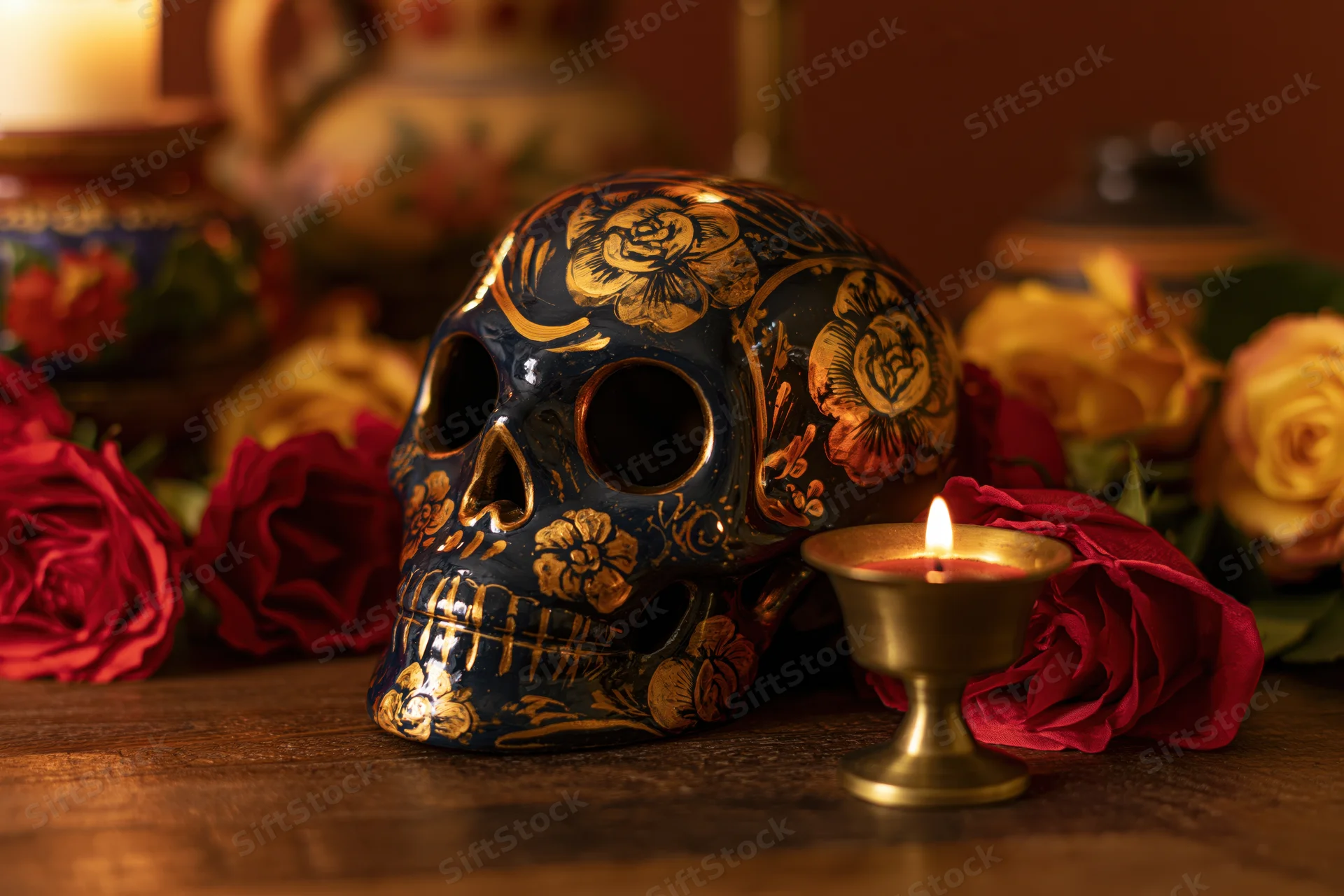 Painted ceramic sugar skull with gold floral design on wooden table surrounded by roses and lit candle