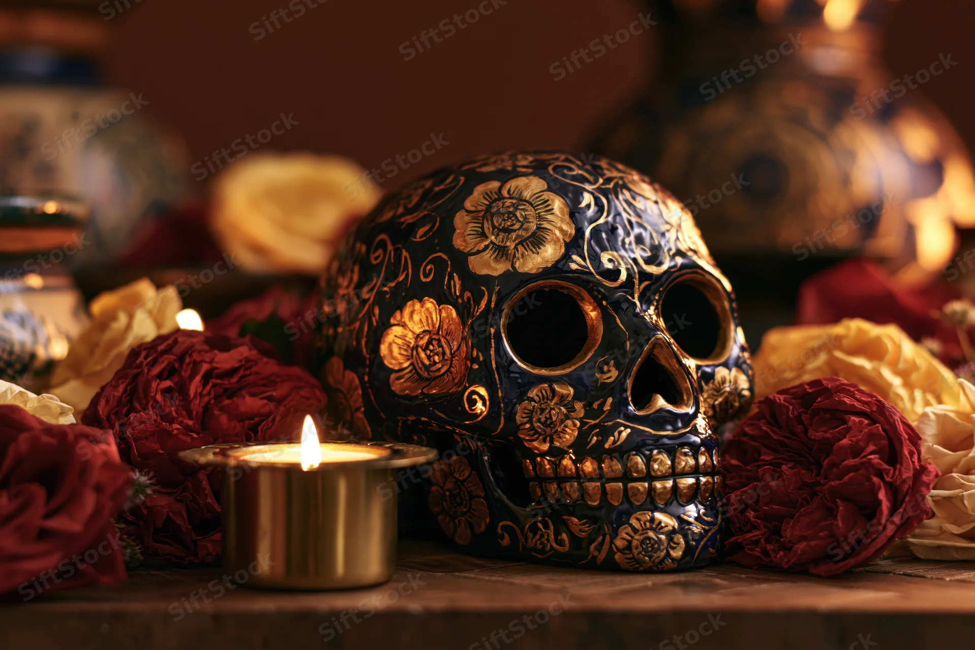 Painted ceramic sugar skull with gold floral patterns surrounded by dried roses and a lit candle on a wooden surface