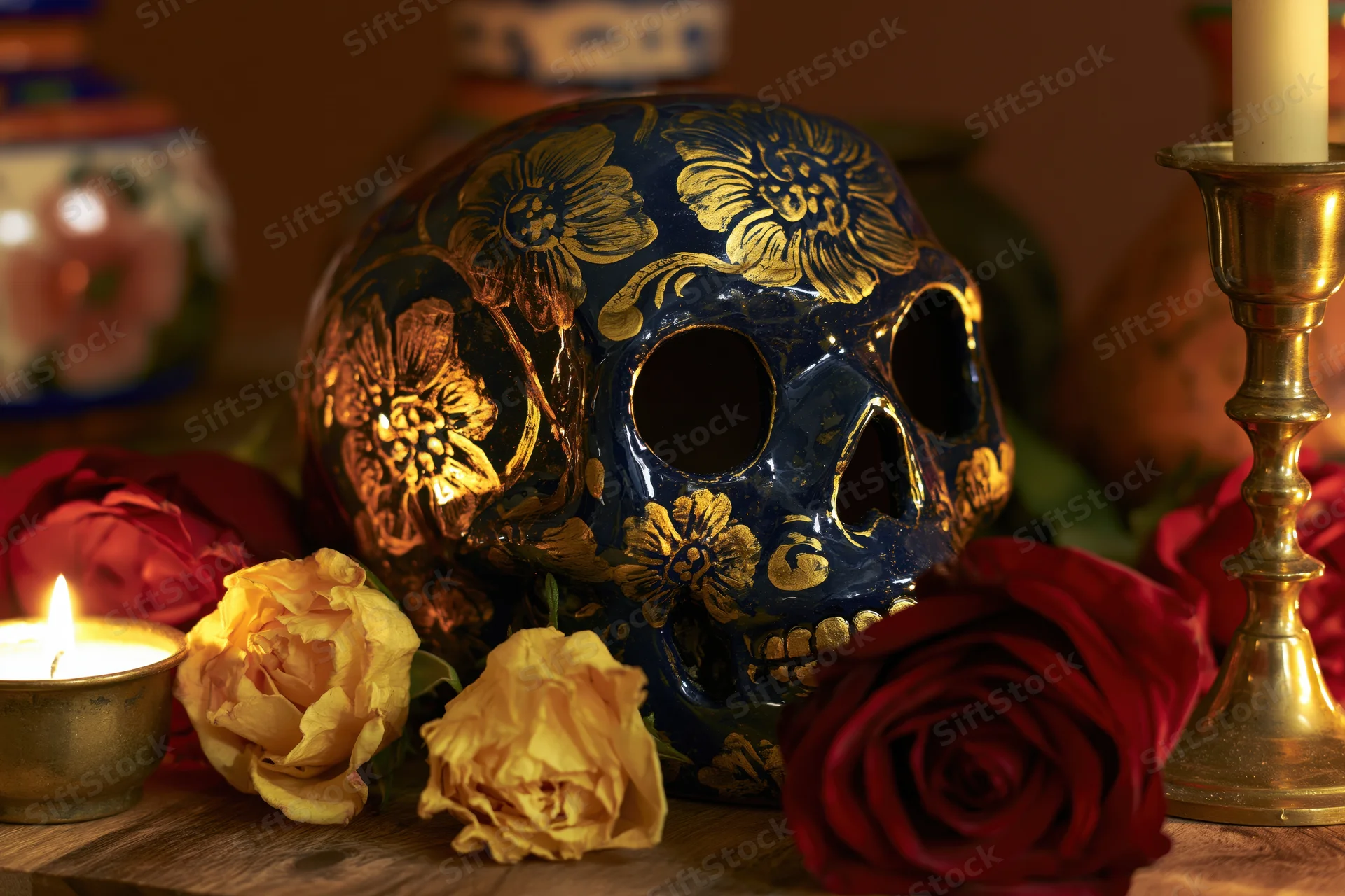 Painted ceramic sugar skull with gold floral patterns surrounded by roses and candles on a wooden table