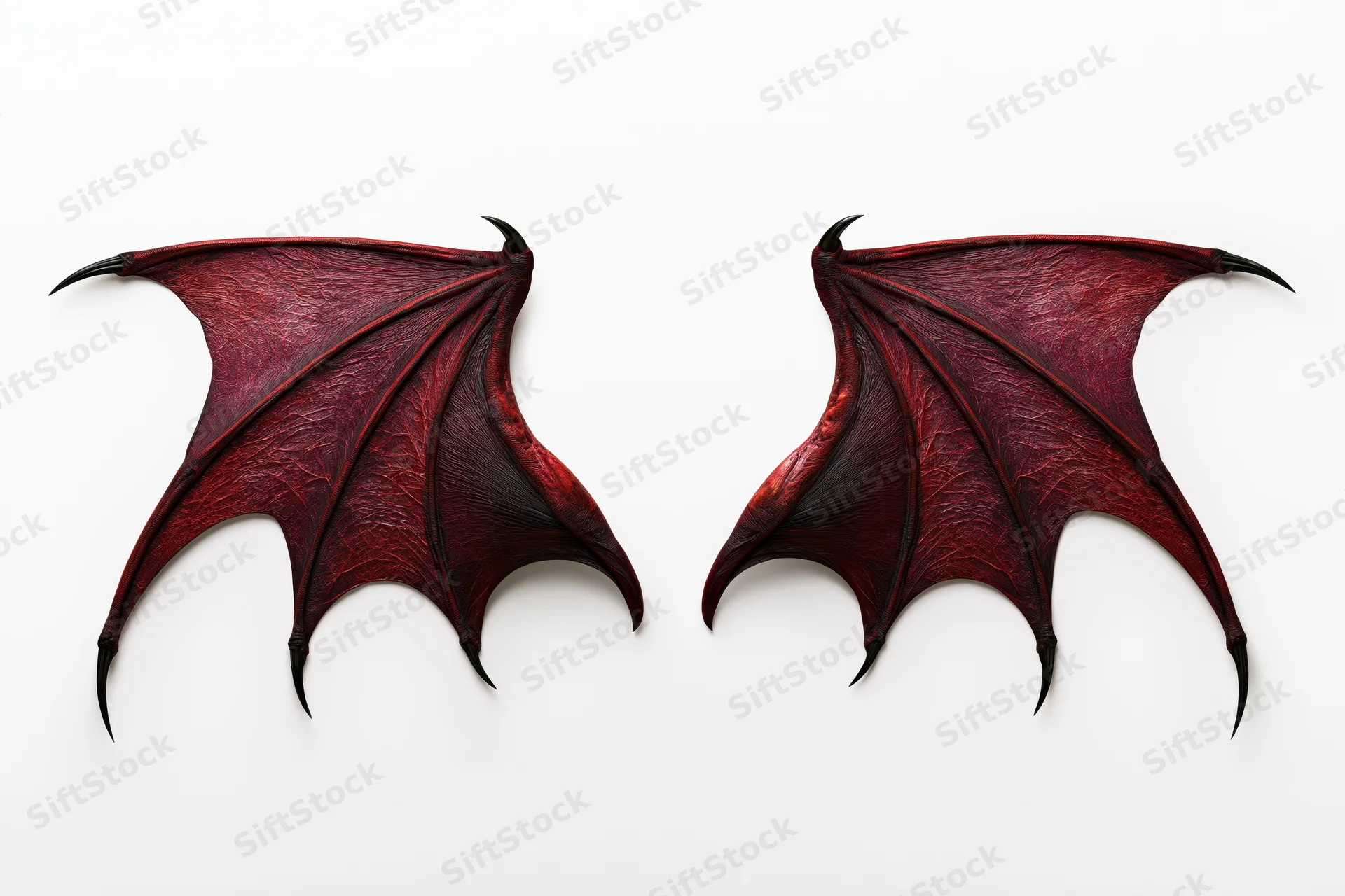 Pair of red leather demon bat wings spread wide isolated on white background
