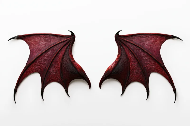 Pair of red leather demon bat wings spread wide isolated on white background