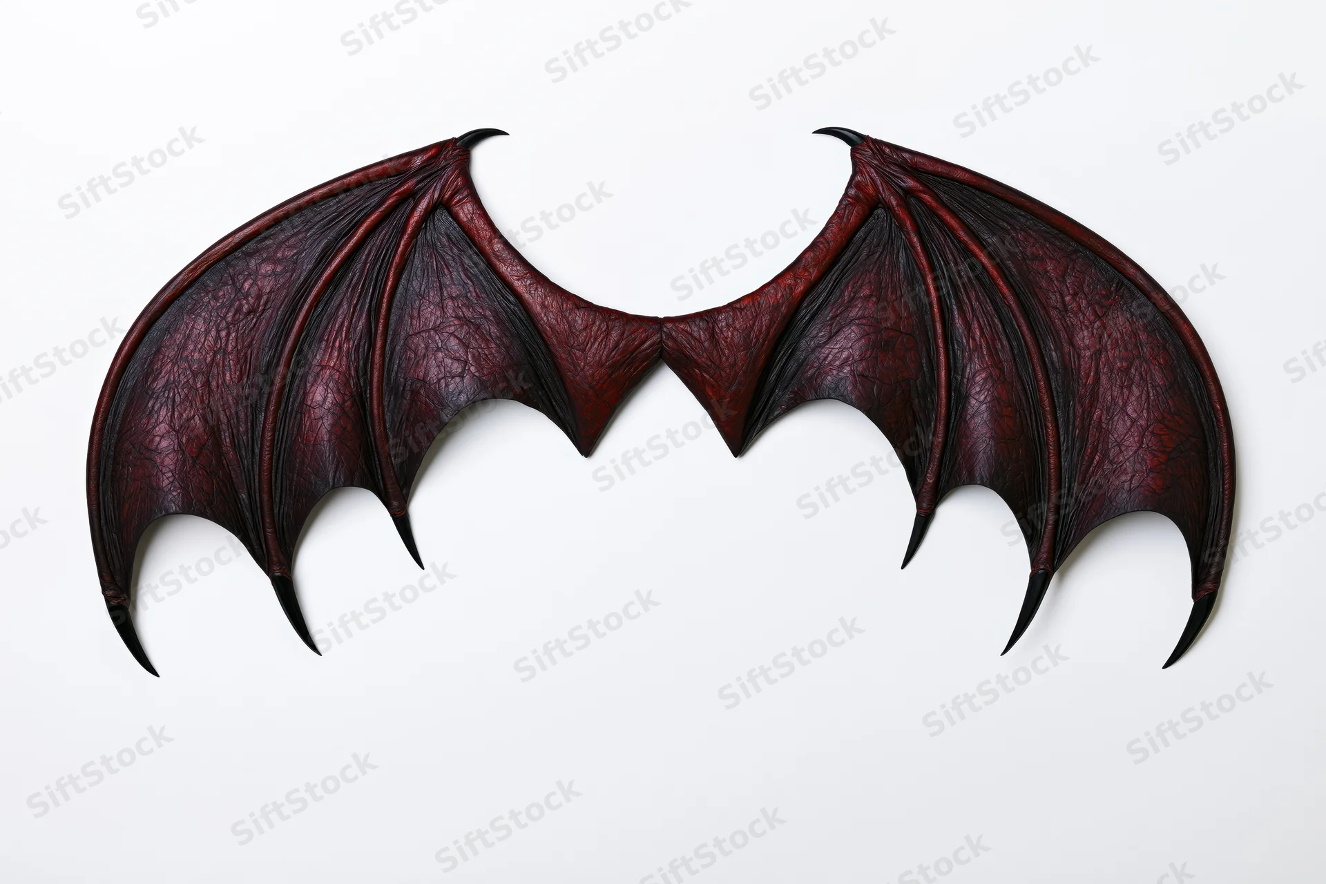 Pair of red and black demon bat wings spread wide against white background