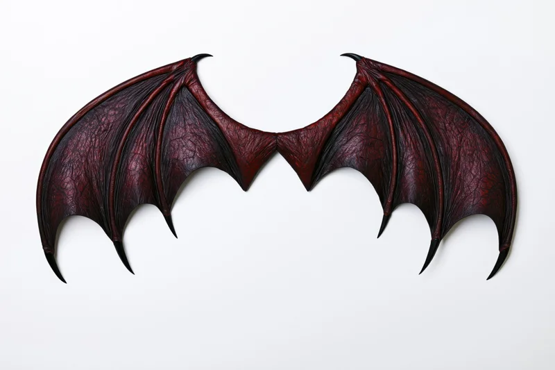 Pair of red and black demon bat wings spread wide against white background