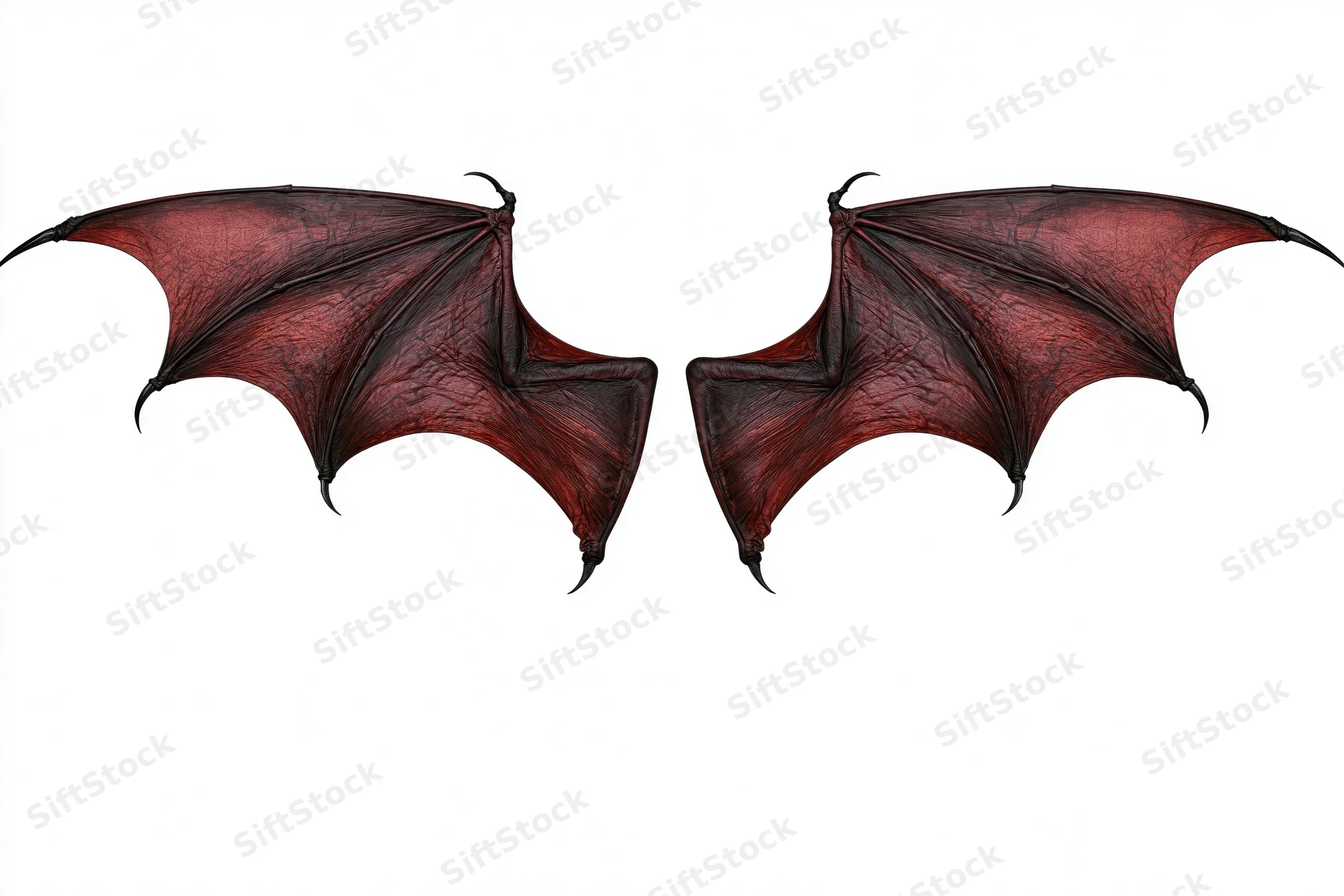 Pair of red and black demon bat wings spread wide isolated on white background