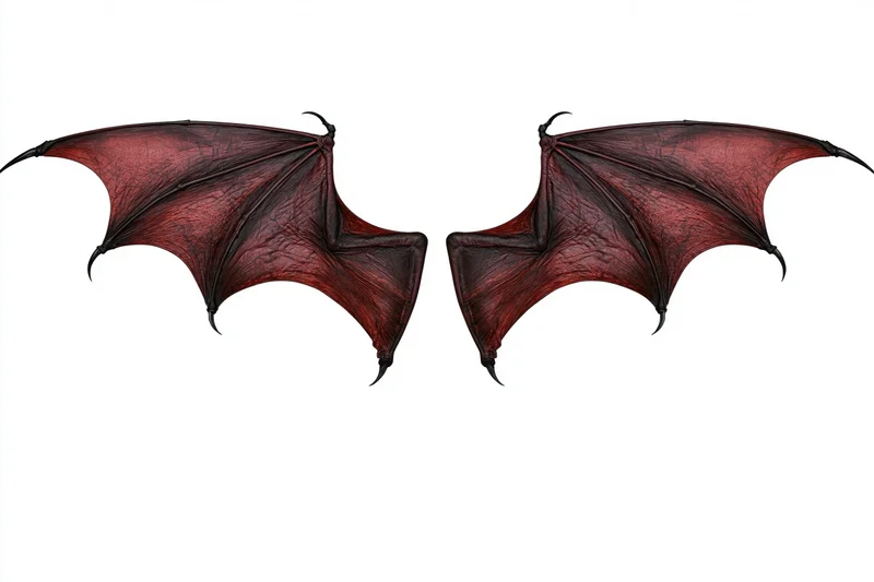 Pair of red and black demon bat wings spread wide isolated on white background