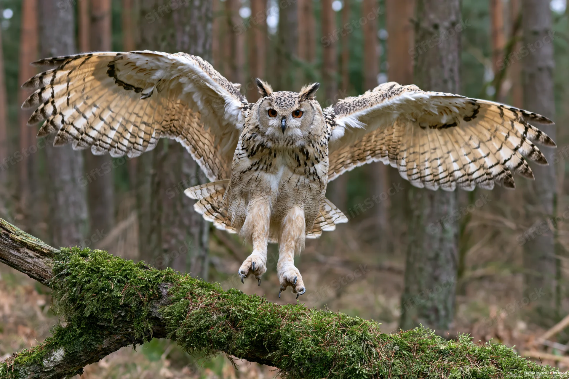 Eagle owl landing with wings spread on a moss-covered branch in a pine forest
