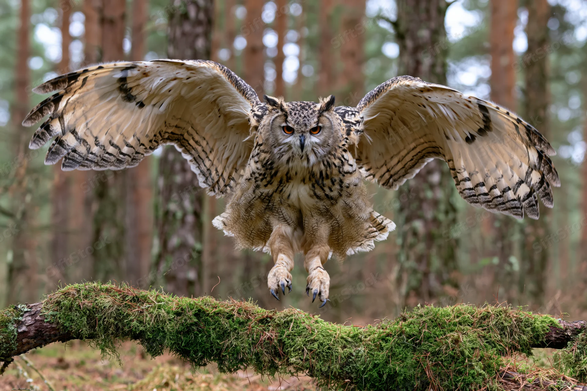 Eagle owl landing with wings spread on a moss-covered branch in a pine forest
