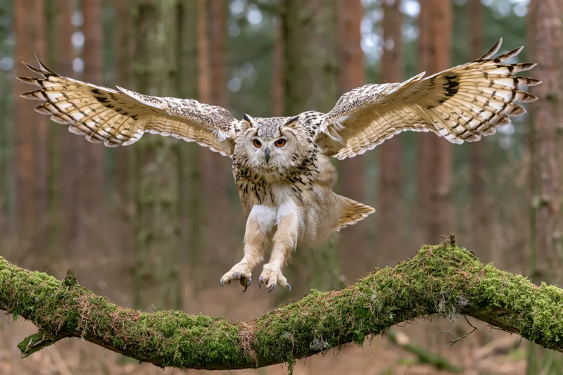 Eagle owl landing on a moss-covered branch in a forest