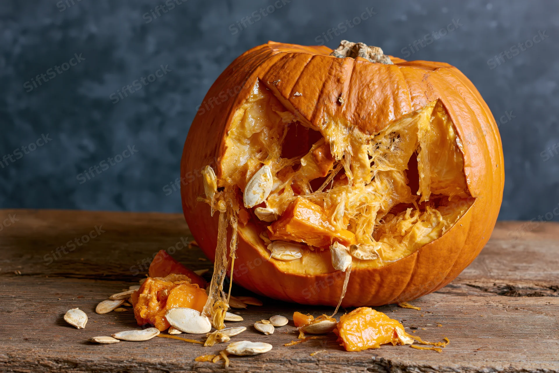 Smashed pumpkin with exposed seeds and pulp on a wooden table