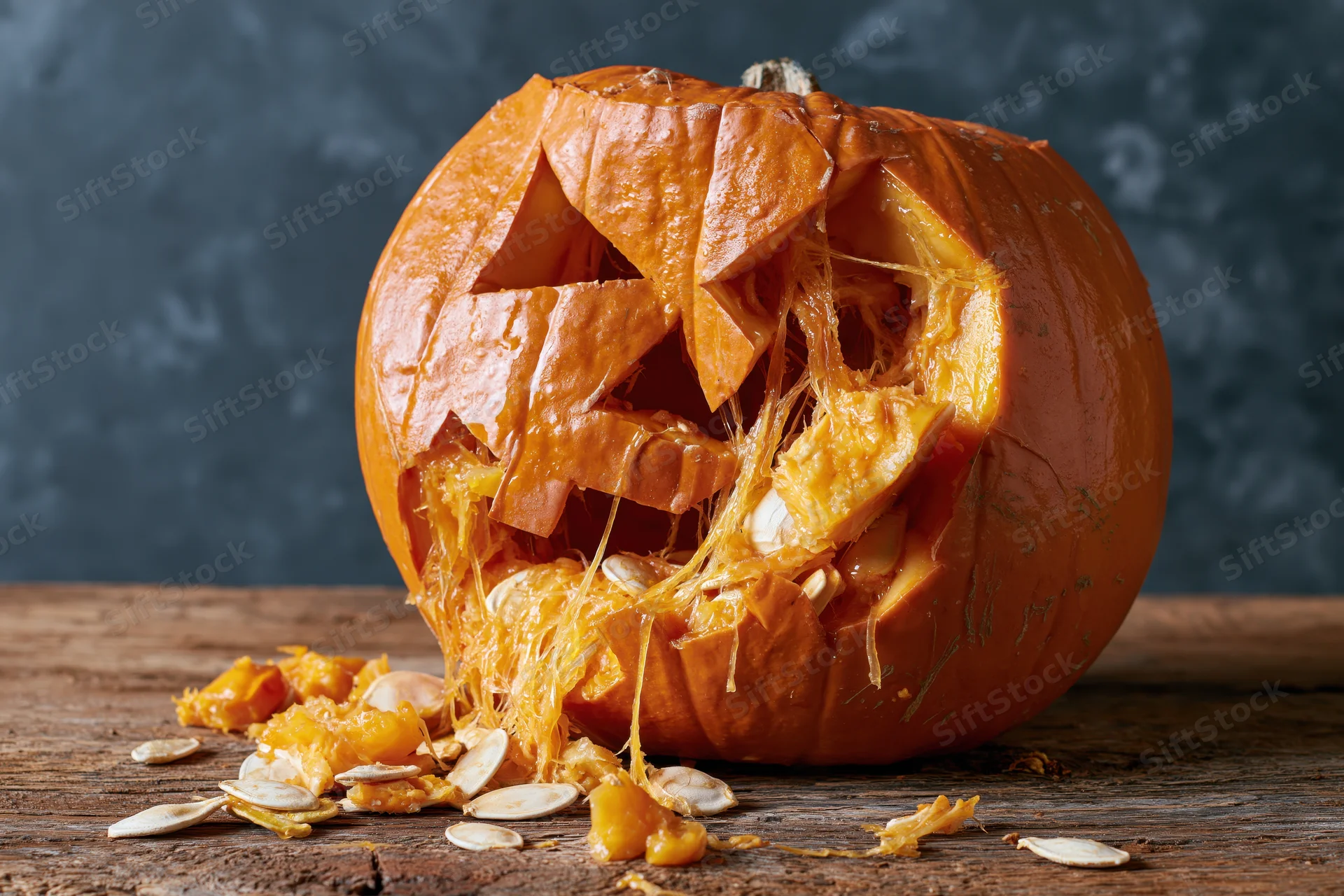 Broken jack-o-lantern with exposed pulp and seeds on a wooden table