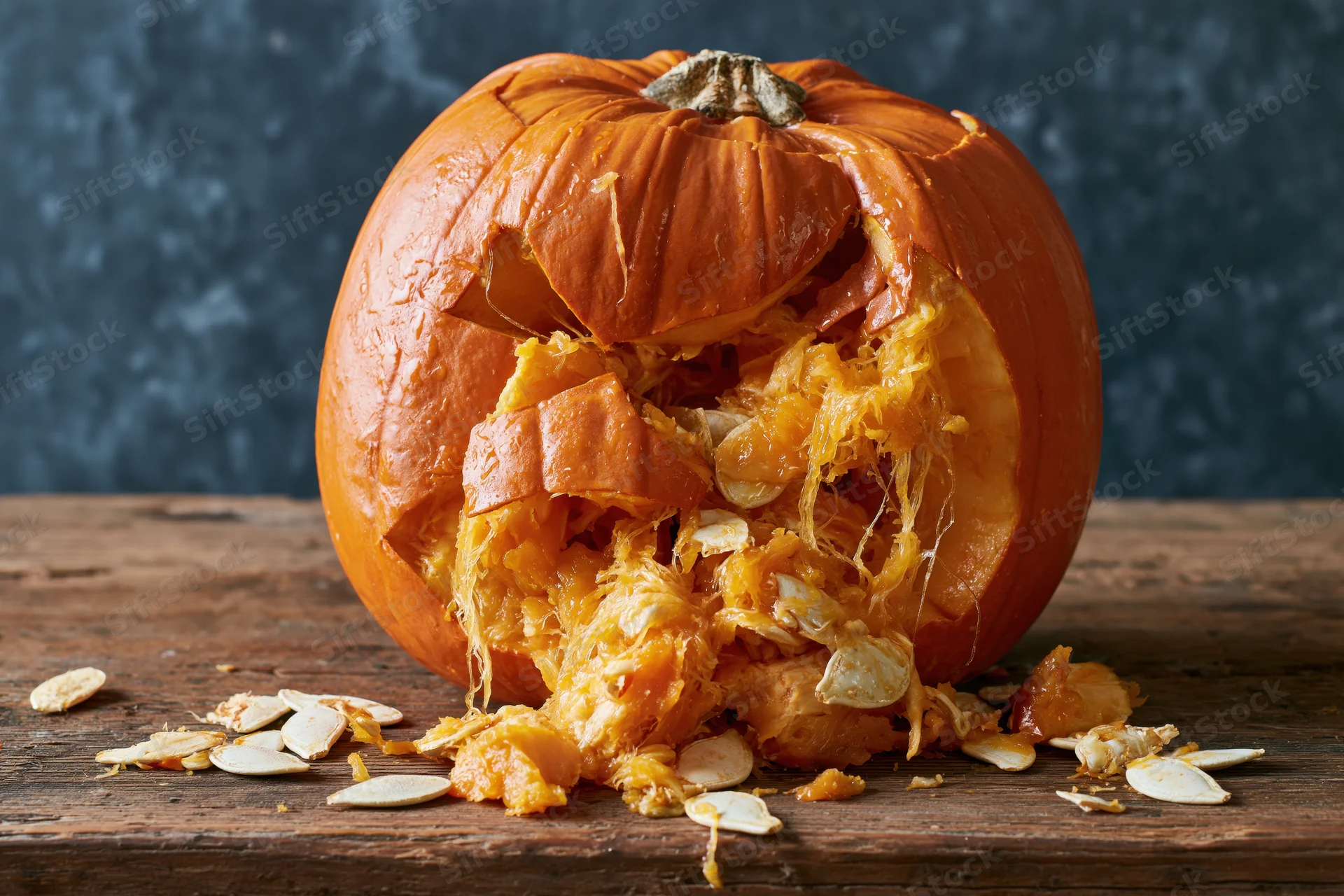 Broken pumpkin with exposed seeds and pulp on a wooden table
