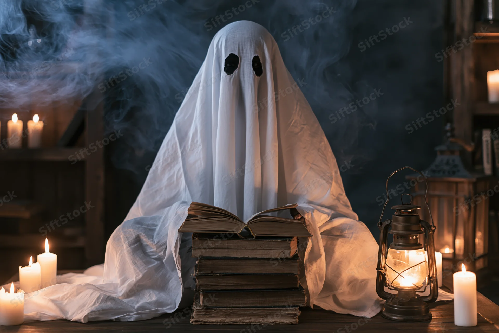 Ghost in sheet costume reading book by candlelight on wooden table
