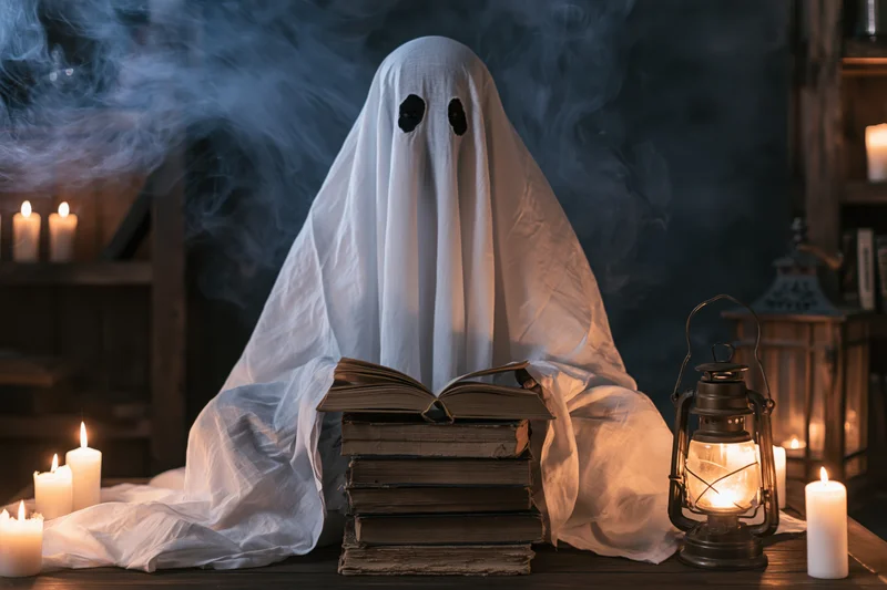 Ghost in sheet costume reading book by candlelight on wooden table