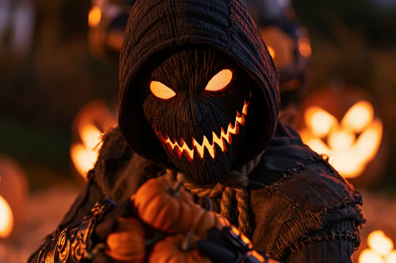 Hooded scarecrow in glowing mask holding pumpkins at night outdoors