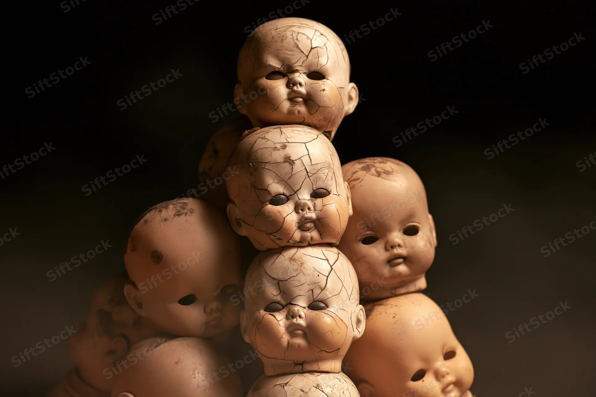 Damaged vintage baby doll heads stacked together in a dark studio setting