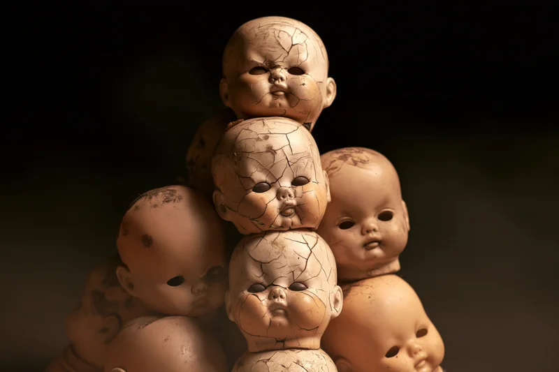 Damaged vintage baby doll heads stacked together in a dark studio setting