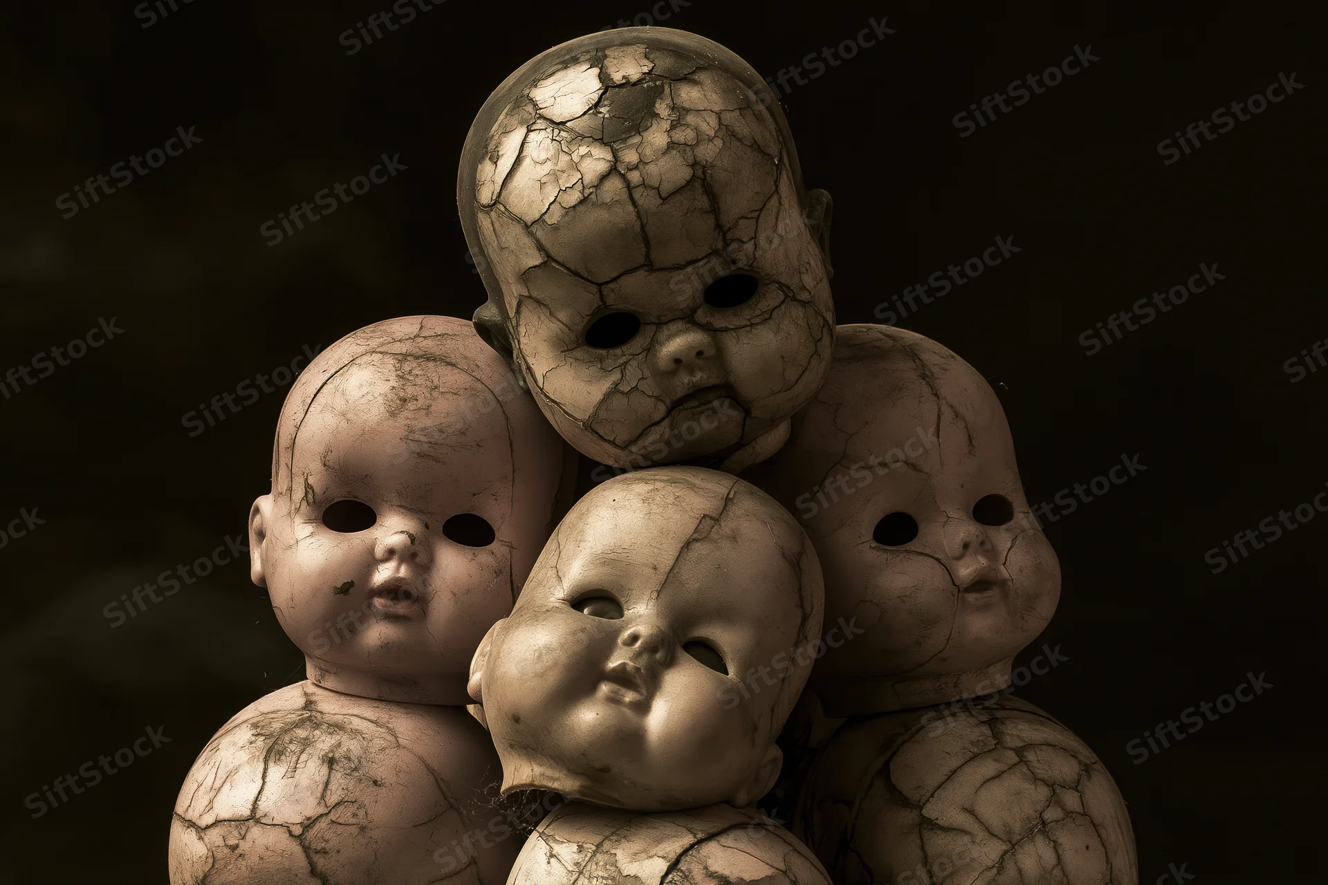 Damaged vintage baby doll heads stacked together in a dark studio setting