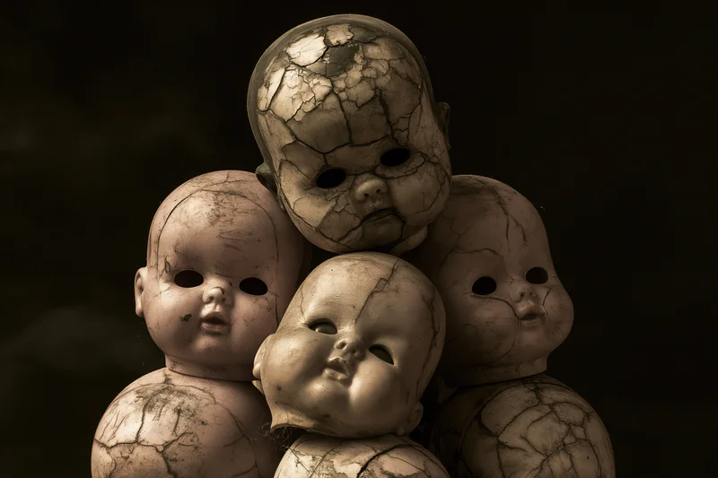 Damaged vintage baby doll heads stacked together in a dark studio setting