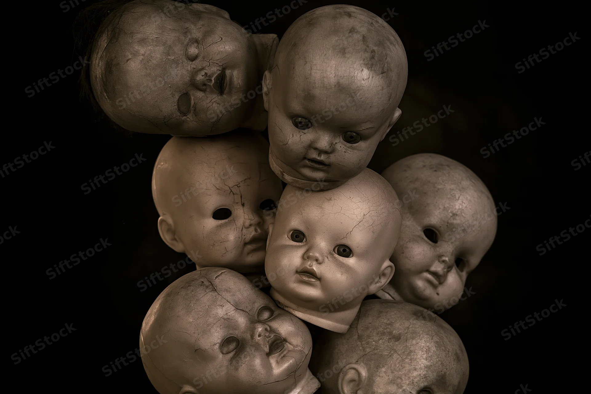 Damaged vintage baby doll heads stacked in a pile against a dark background