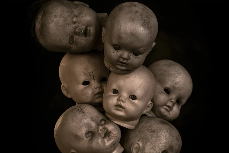 Damaged vintage baby doll heads stacked in a pile against a dark background