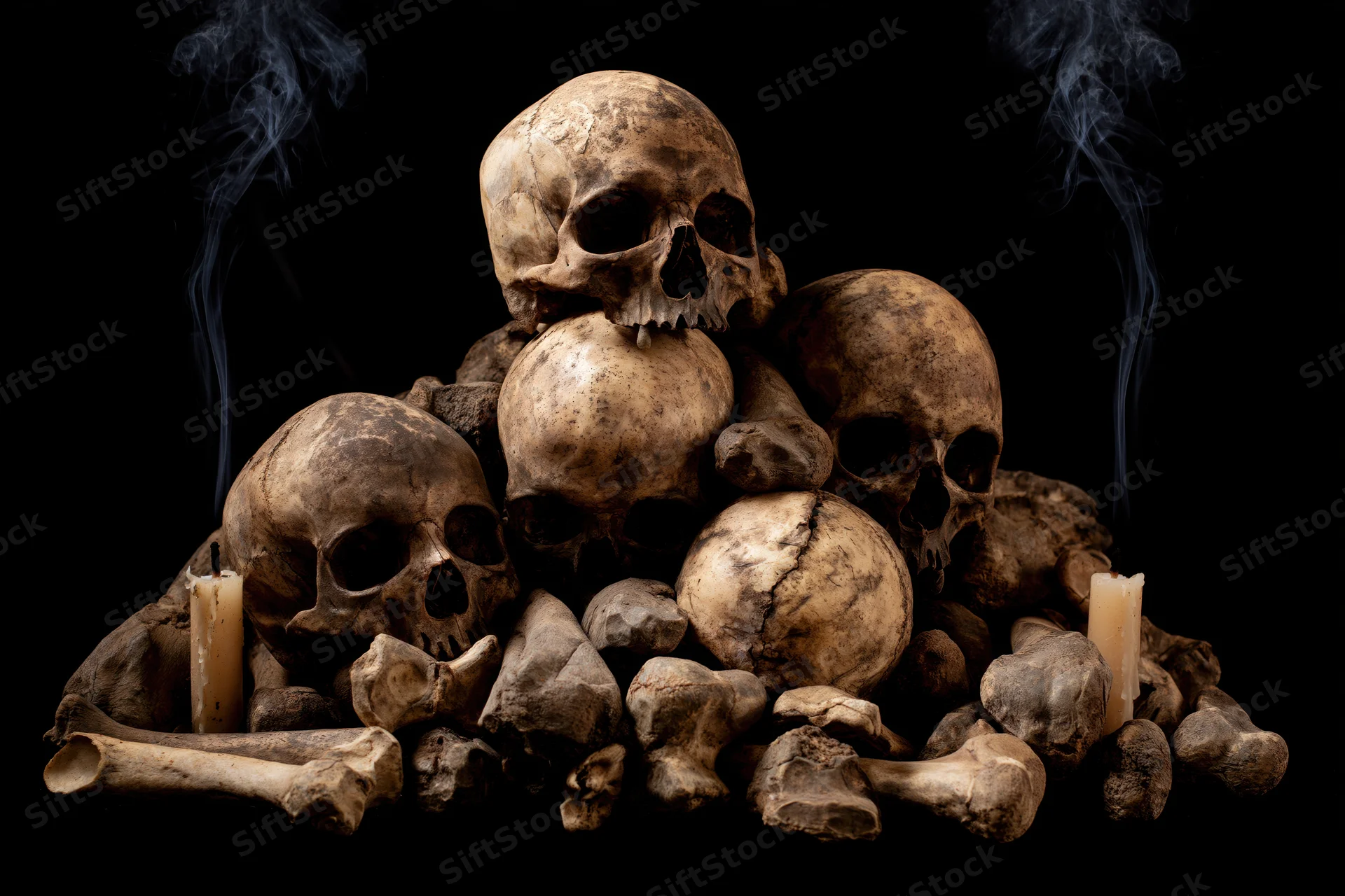 Pile of weathered human skulls and bones with smoking candles on black background