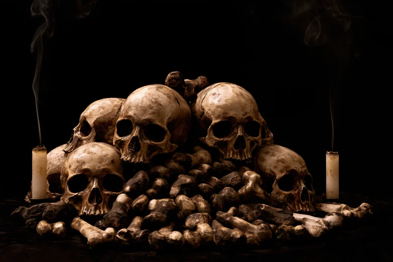 Pile of weathered human skulls and scattered bones with smoking candles on dark background