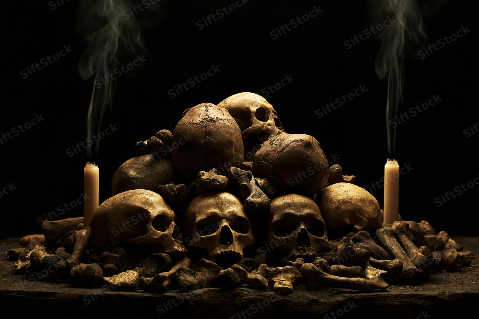 Pile of weathered human skulls and bones arranged on dark surface with smoking candles