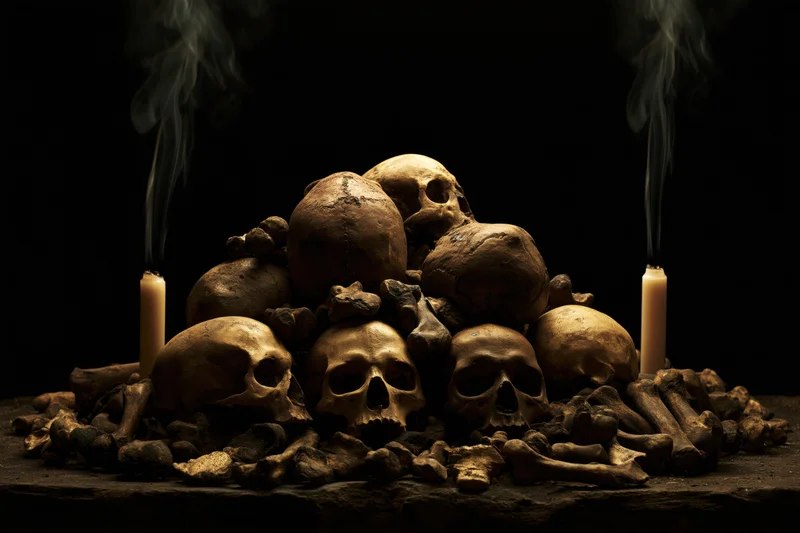Pile of weathered human skulls and bones arranged on dark surface with smoking candles