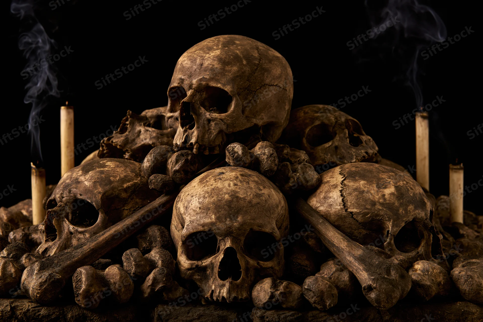 Weathered human skulls and bones piled together with smoking candles in a dark setting