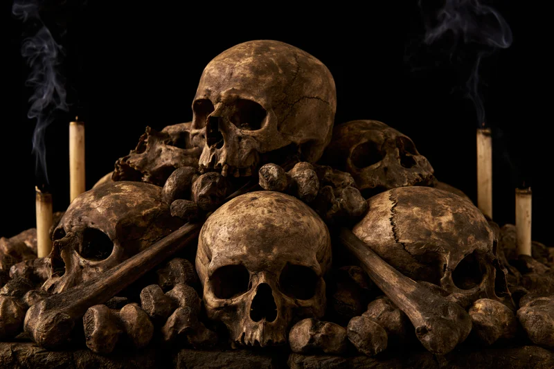 Weathered human skulls and bones piled together with smoking candles in a dark setting