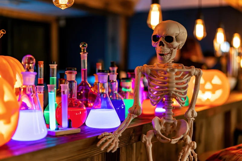 Plastic skeleton prop sitting at wooden bar counter surrounded by glowing beakers and carved pumpkins for halloween party decoration