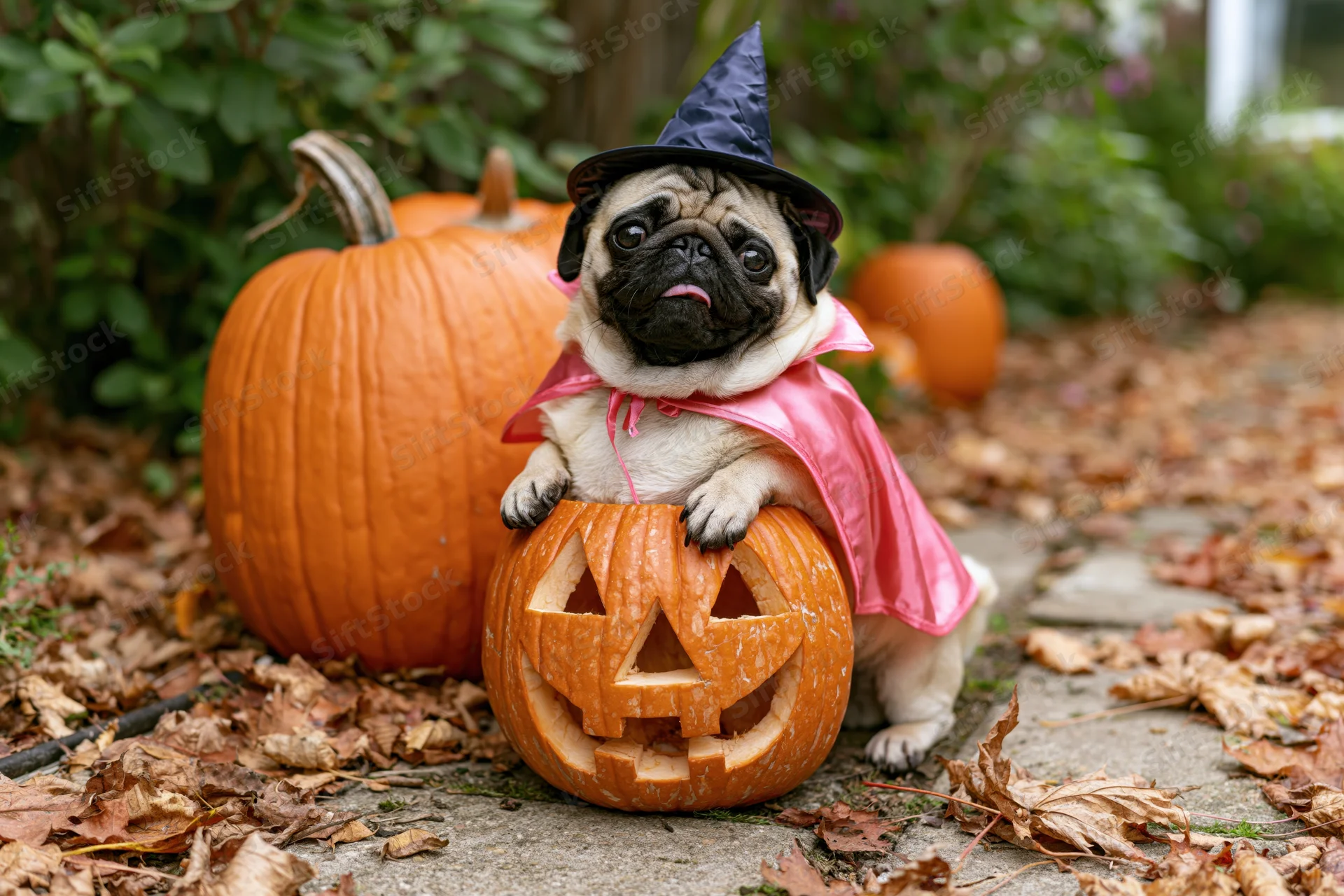 Pug wearing witch hat and pink cape sitting inside carved pumpkin in garden with autumn leaves