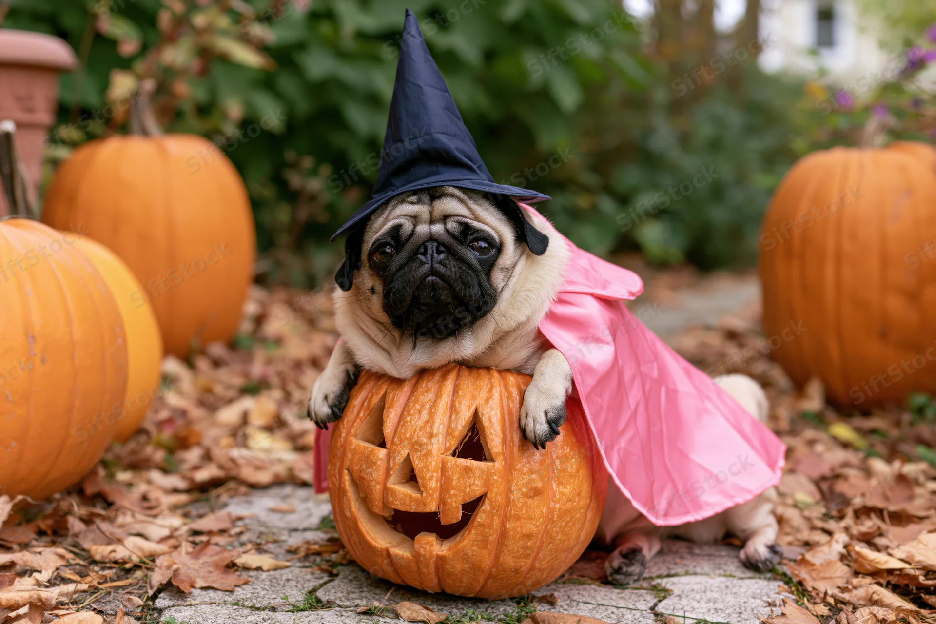 Pug wearing witch hat and pink cape resting on carved pumpkin in garden surrounded by pumpkins and fallen leaves