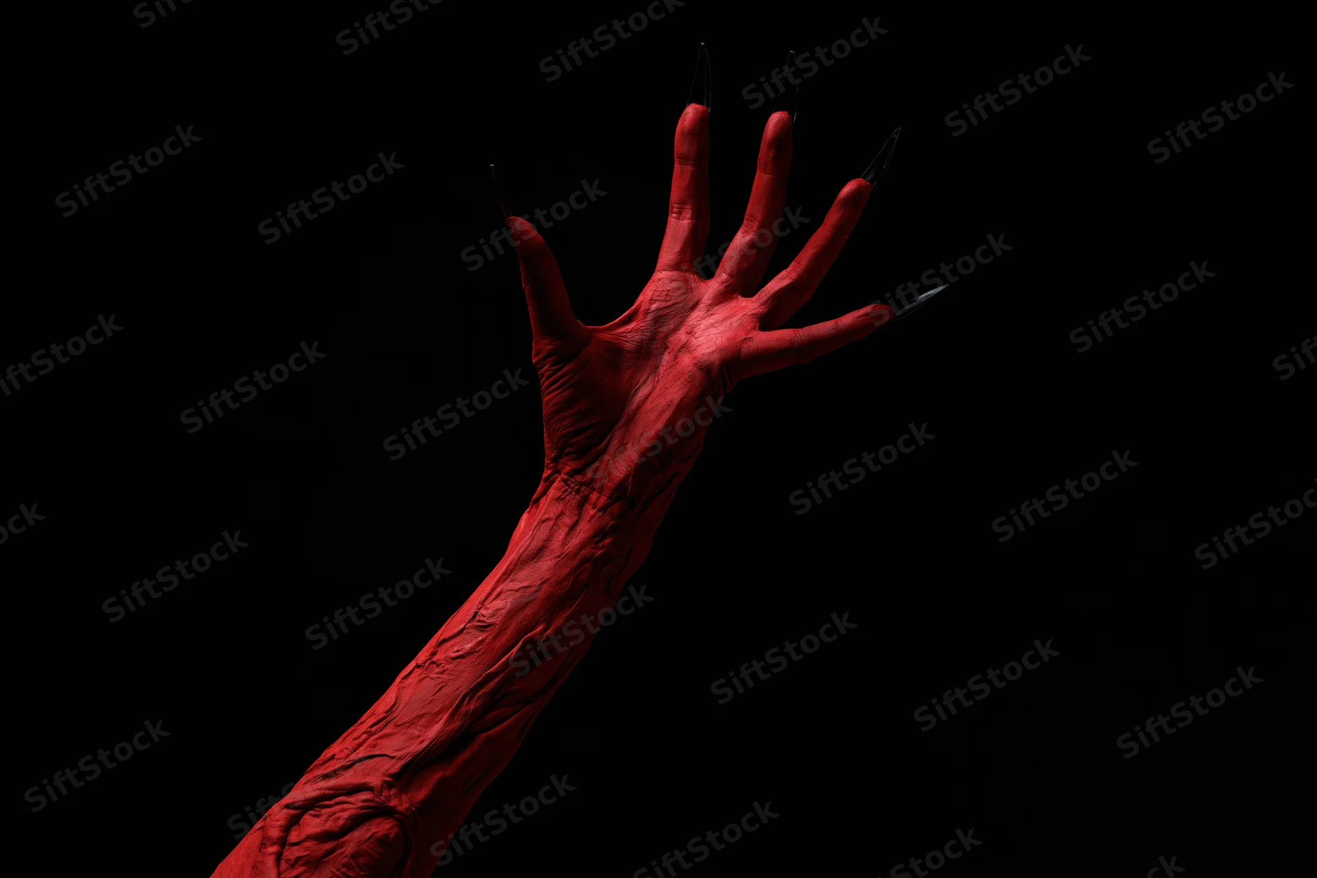 Red-painted demon hand and forearm reaching upward against black background